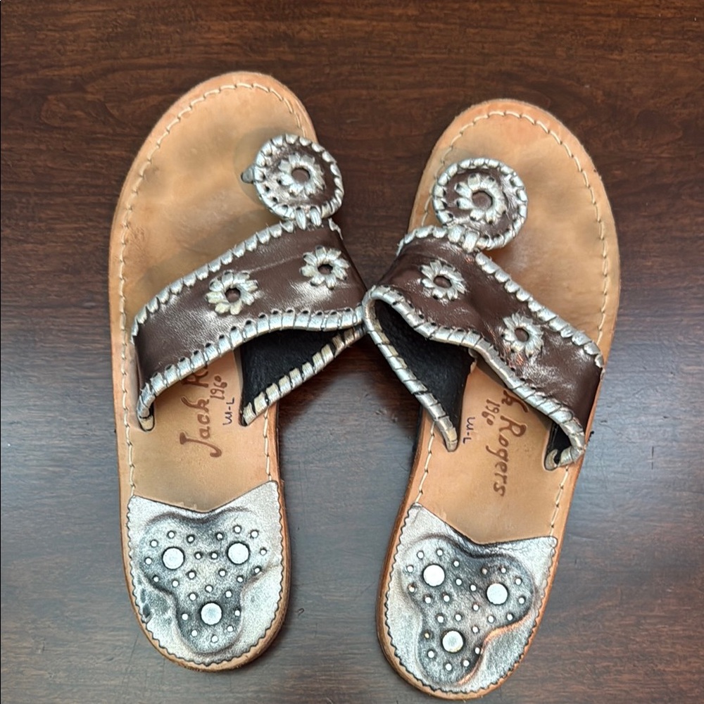 Jack Rogers Silver and Brown Embellished Sandals